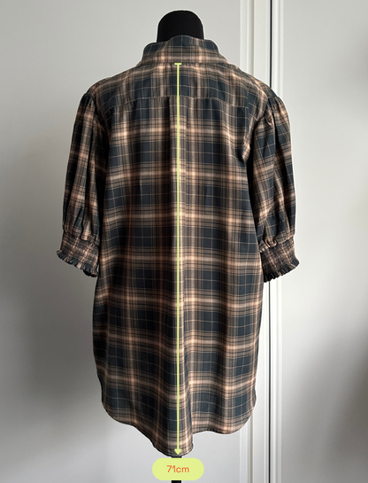 MAKE YOUR MOVE POPOVER BLOUSE Brown and Peach Check (Ready to Wear Size 16)
