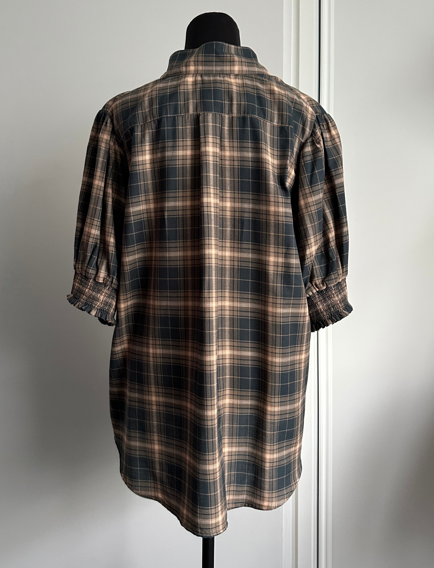 MAKE YOUR MOVE POPOVER BLOUSE Brown and Peach Check (Ready to Wear Size 16)