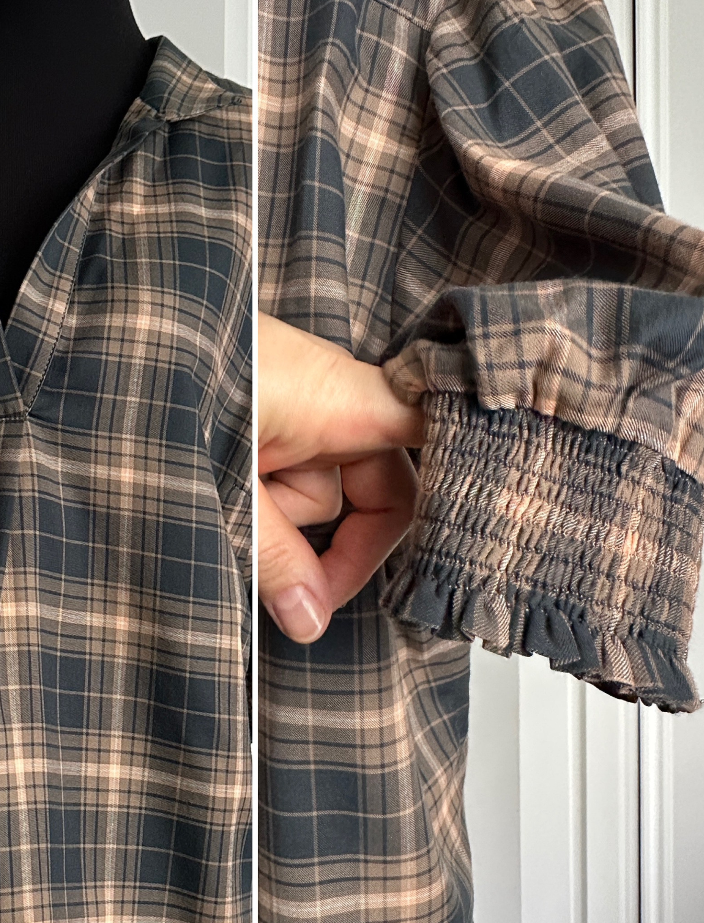 MAKE YOUR MOVE POPOVER BLOUSE Brown and Peach Check (Ready to Wear Size 16)