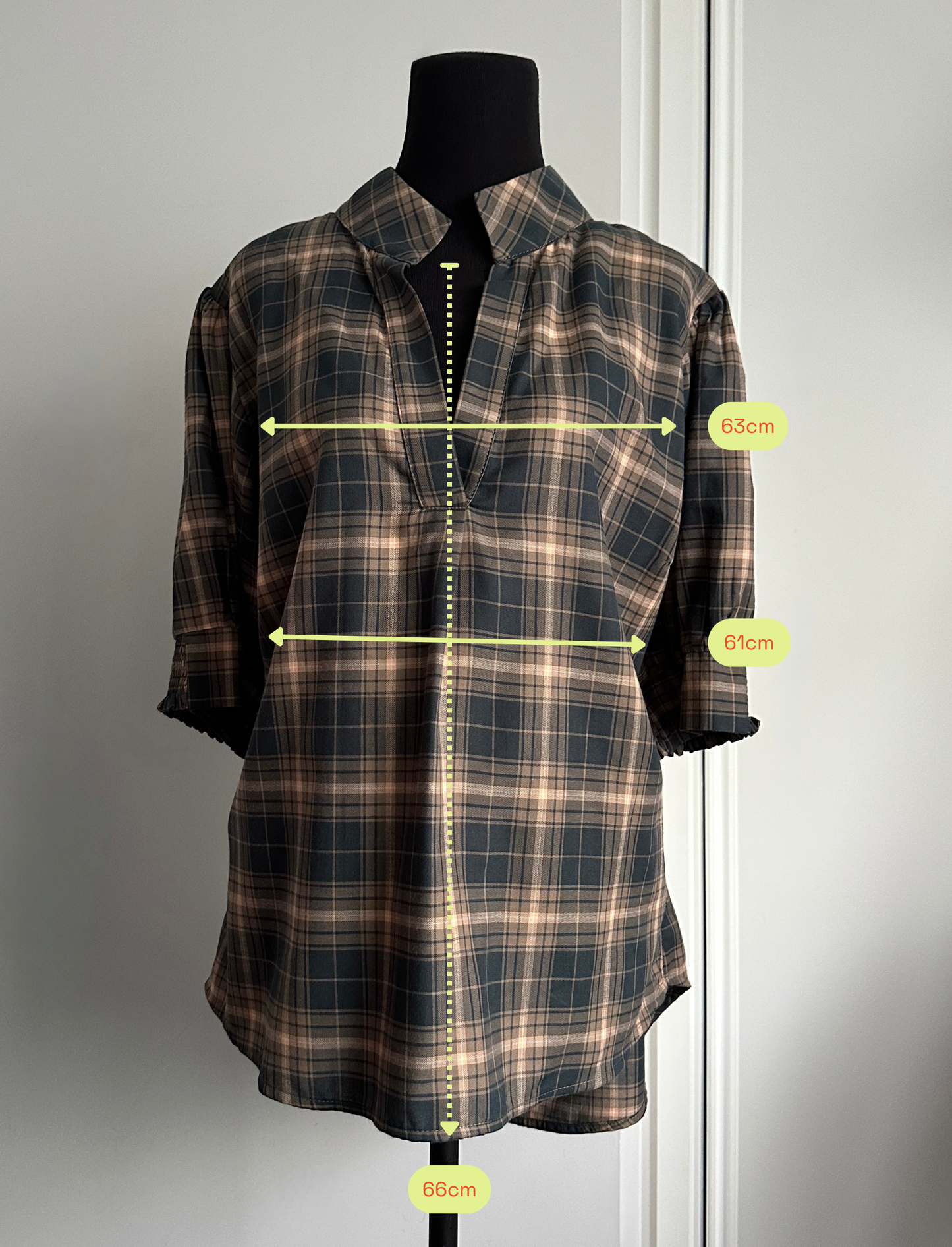 MAKE YOUR MOVE POPOVER BLOUSE Brown and Peach Check (Ready to Wear Size 16)