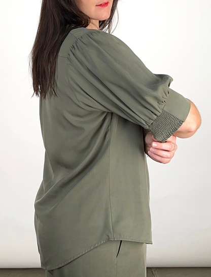 MAKE YOUR MOVE POPOVER BLOUSE in Sage (Ready to Wear Size 12)
