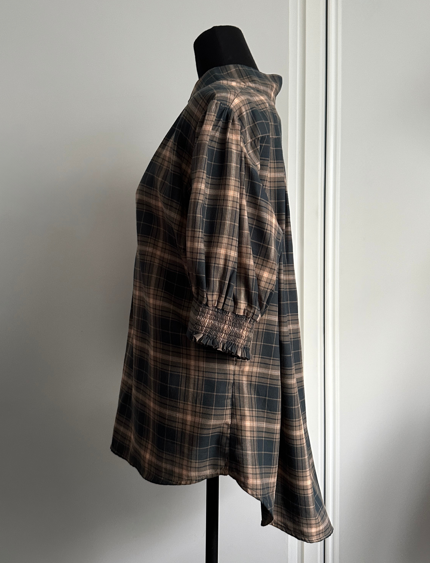 MAKE YOUR MOVE POPOVER BLOUSE Brown and Peach Check (Ready to Wear Size 16)