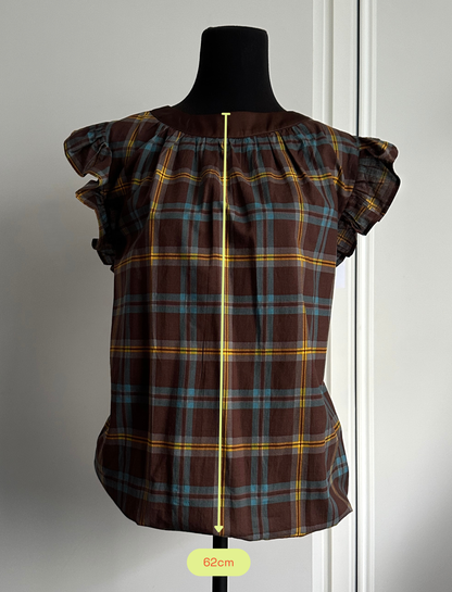 ON NEW GROUND REVERSIBLE NECKLINE BLOUSE Brown Yellow and Teal Check (Ready to Wear Size 12)