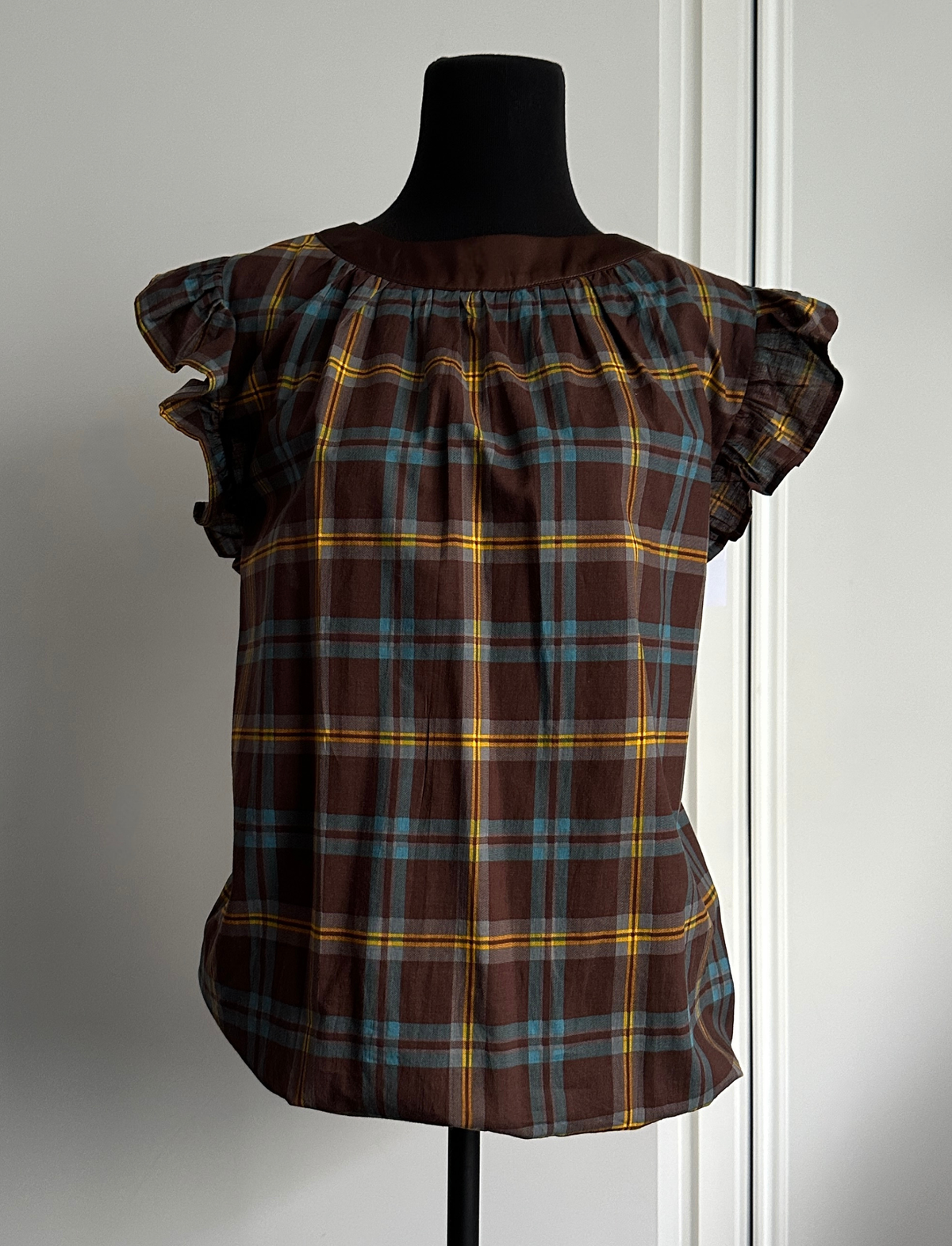 ON NEW GROUND REVERSIBLE NECKLINE BLOUSE Brown Yellow and Teal Check (Ready to Wear Size 12)