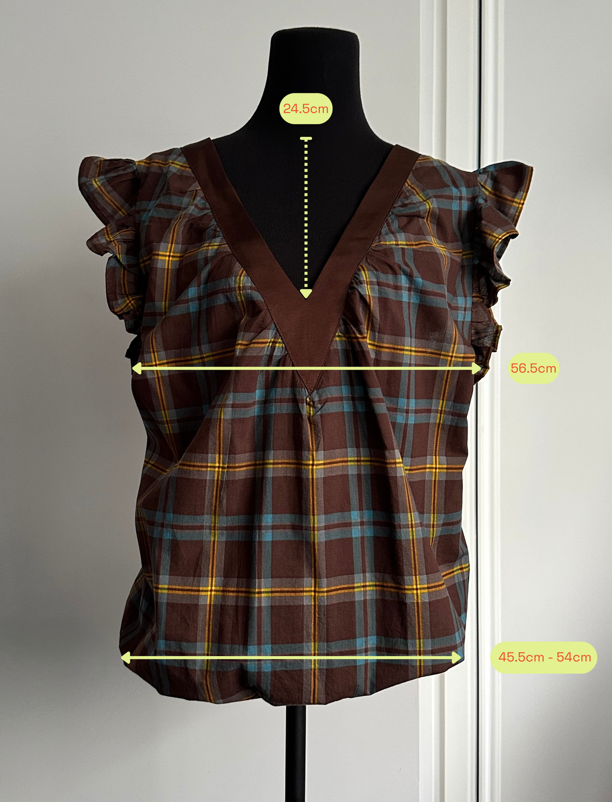 ON NEW GROUND REVERSIBLE NECKLINE BLOUSE Brown Yellow and Teal Check (Ready to Wear Size 12)