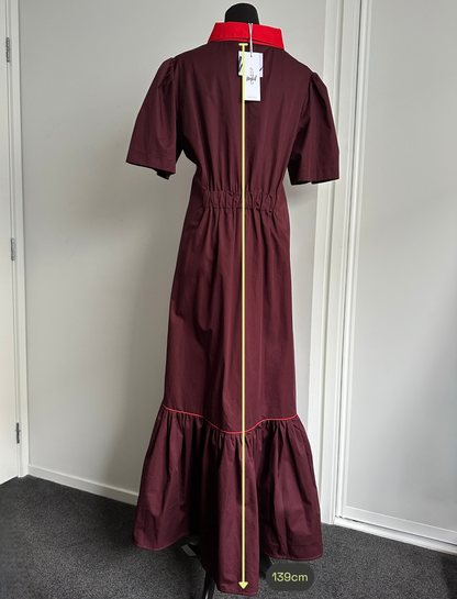 TAKE ME ON MAXI SHIRT DRESS Burgundy with Red Trim (Ready to Wear Size 12)