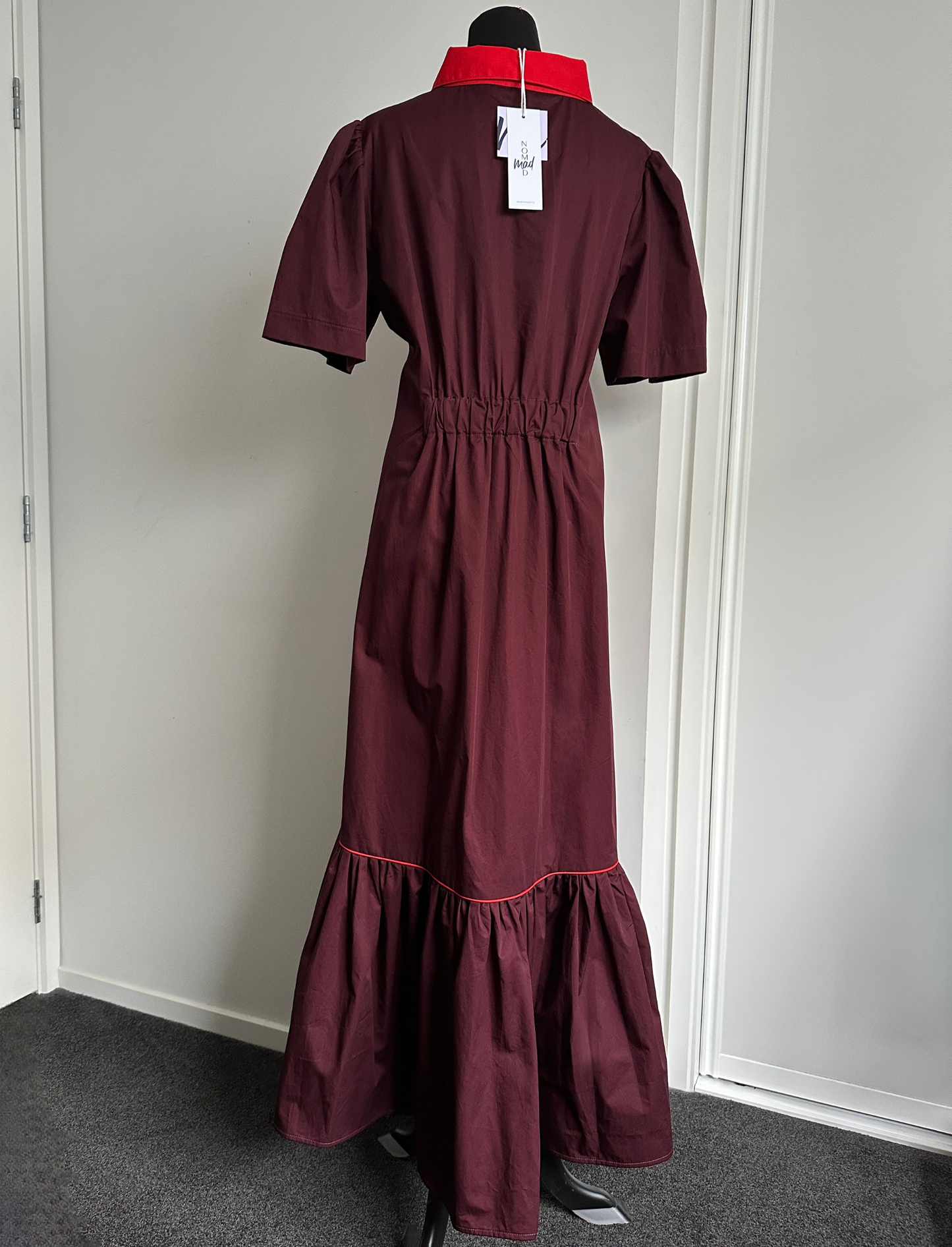 TAKE ME ON MAXI SHIRT DRESS Burgundy with Red Trim (Ready to Wear Size 12)