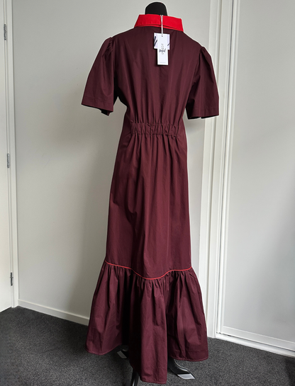 TAKE ME ON MAXI SHIRT DRESS Burgundy with Red Trim (Ready to Wear Size 12)