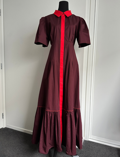 TAKE ME ON MAXI SHIRT DRESS Burgundy with Red Trim (Ready to Wear Size 12)