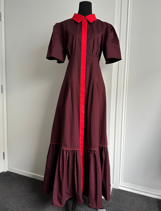 TAKE ME ON MAXI SHIRT DRESS Burgundy with Red Trim (Ready to Wear Size 12)
