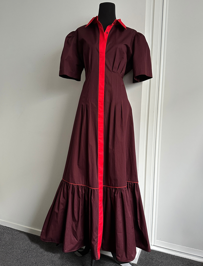 TAKE ME ON MAXI SHIRT DRESS Burgundy with Red Trim (Ready to Wear Size 12)