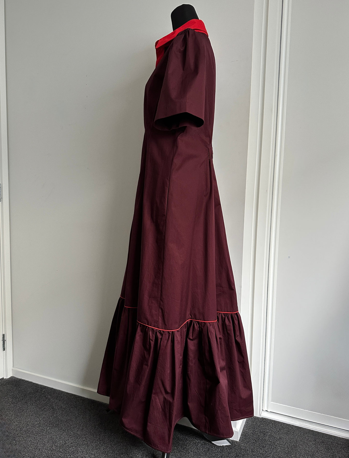 TAKE ME ON MAXI SHIRT DRESS Burgundy with Red Trim (Ready to Wear Size 12)