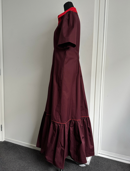 TAKE ME ON MAXI SHIRT DRESS Burgundy with Red Trim (Ready to Wear Size 12)