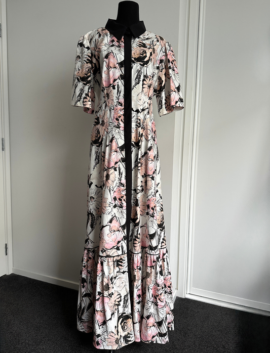 TAKE ME ON MAXI SHIRT DRESS White, Pink and Black Floral (Ready to Wear Size 16)