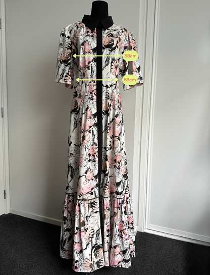TAKE ME ON MAXI SHIRT DRESS White, Pink and Black Floral (Ready to Wear Size 16)