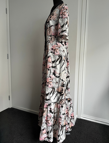 TAKE ME ON MAXI SHIRT DRESS White, Pink and Black Floral (Ready to Wear Size 16)